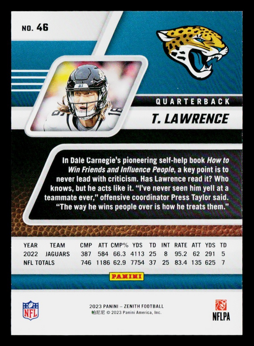 2023 Trevor Lawrence [Second Down] #46 2023 Panini Zenith 16/50 JERSEY NUMBER
