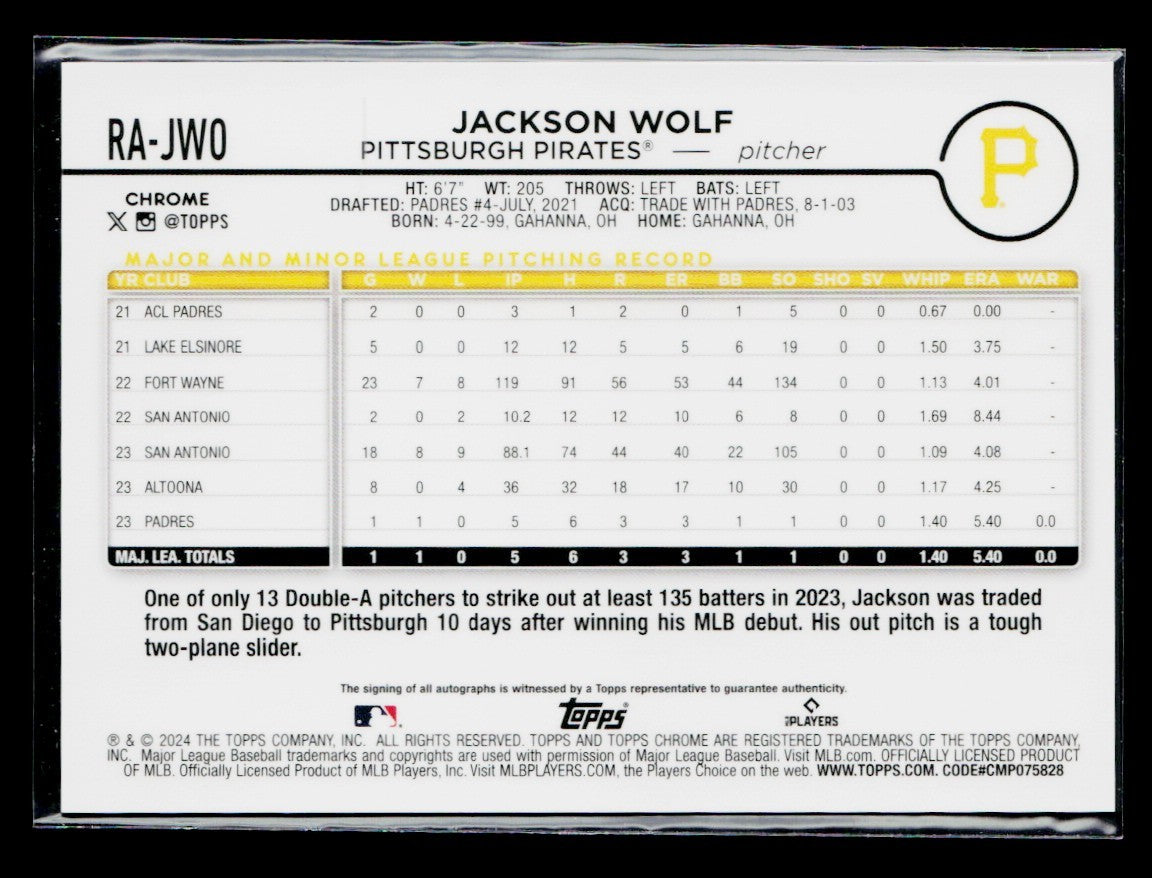 2024 Topps Chrome - Rookie Autographs Jackson Wolf #RA-JWO /250 (AU, RC)