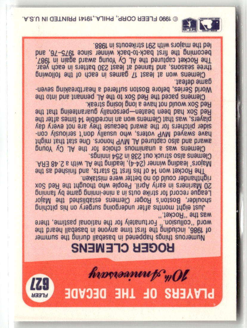 1990 Fleer Roger Clemens #627 back