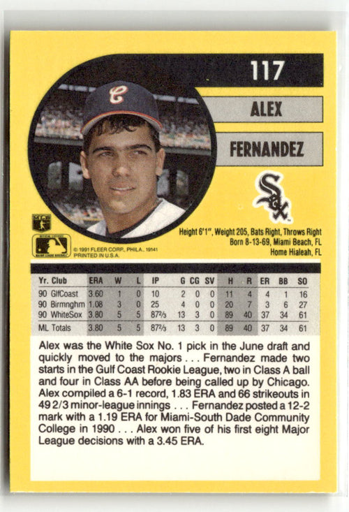 1991 Fleer Alex Fernandez #117 (RC) back
