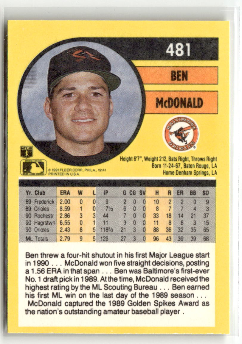 1991 Fleer Ben McDonald #481 (RC) back