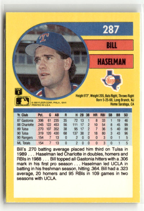1991 Fleer Bill Haselman #287 back