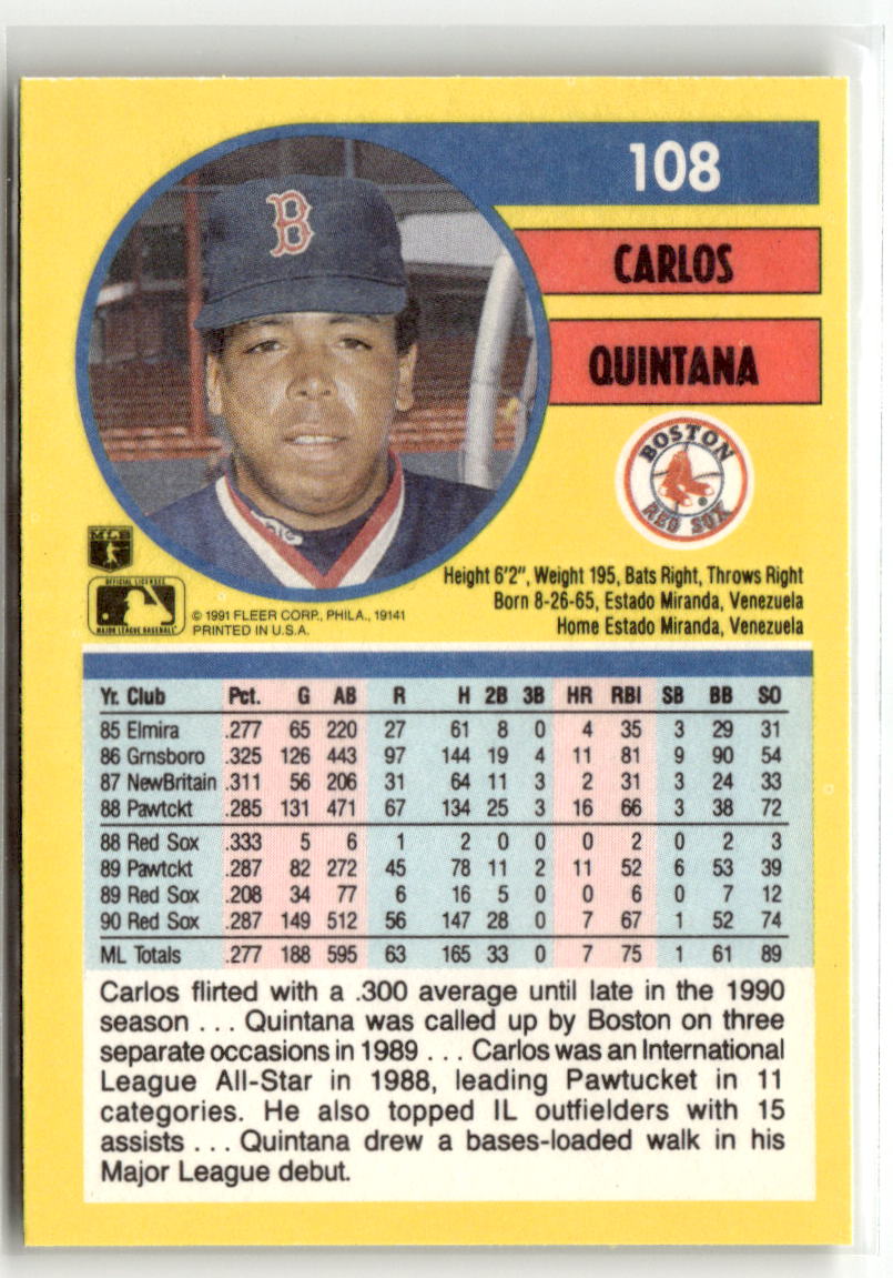 1991 Fleer Carlos Quintana #108 back