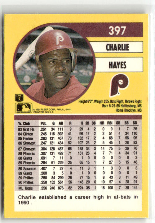1991 Fleer Charlie Hayes #397 back