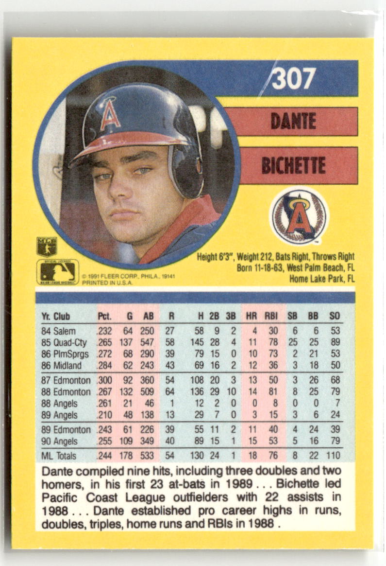 1991 Fleer Dante Bichette #307 back