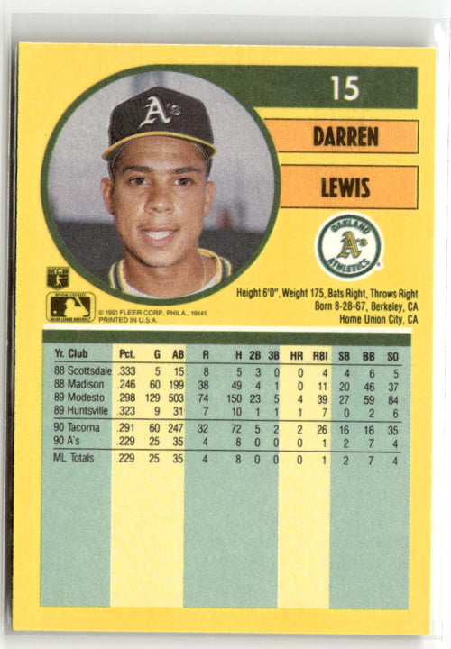 1991 Fleer Darren Lewis #15 back