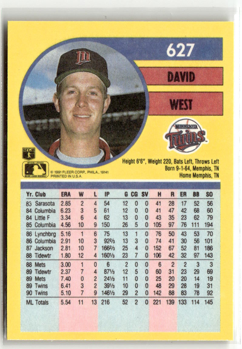 1991 Fleer David West #627 back