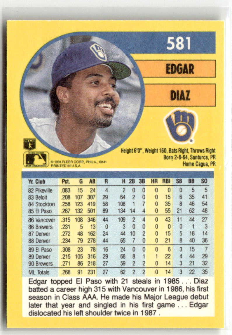 1991 Fleer Edgar Diaz #581 back