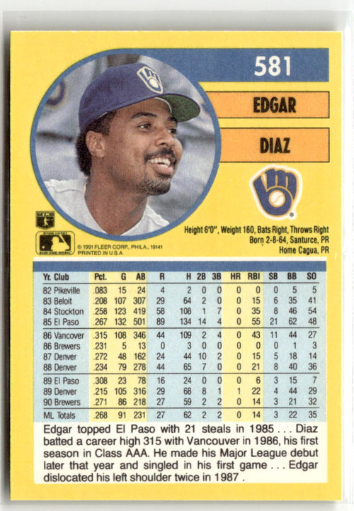 1991 Fleer Edgar Diaz #581 back