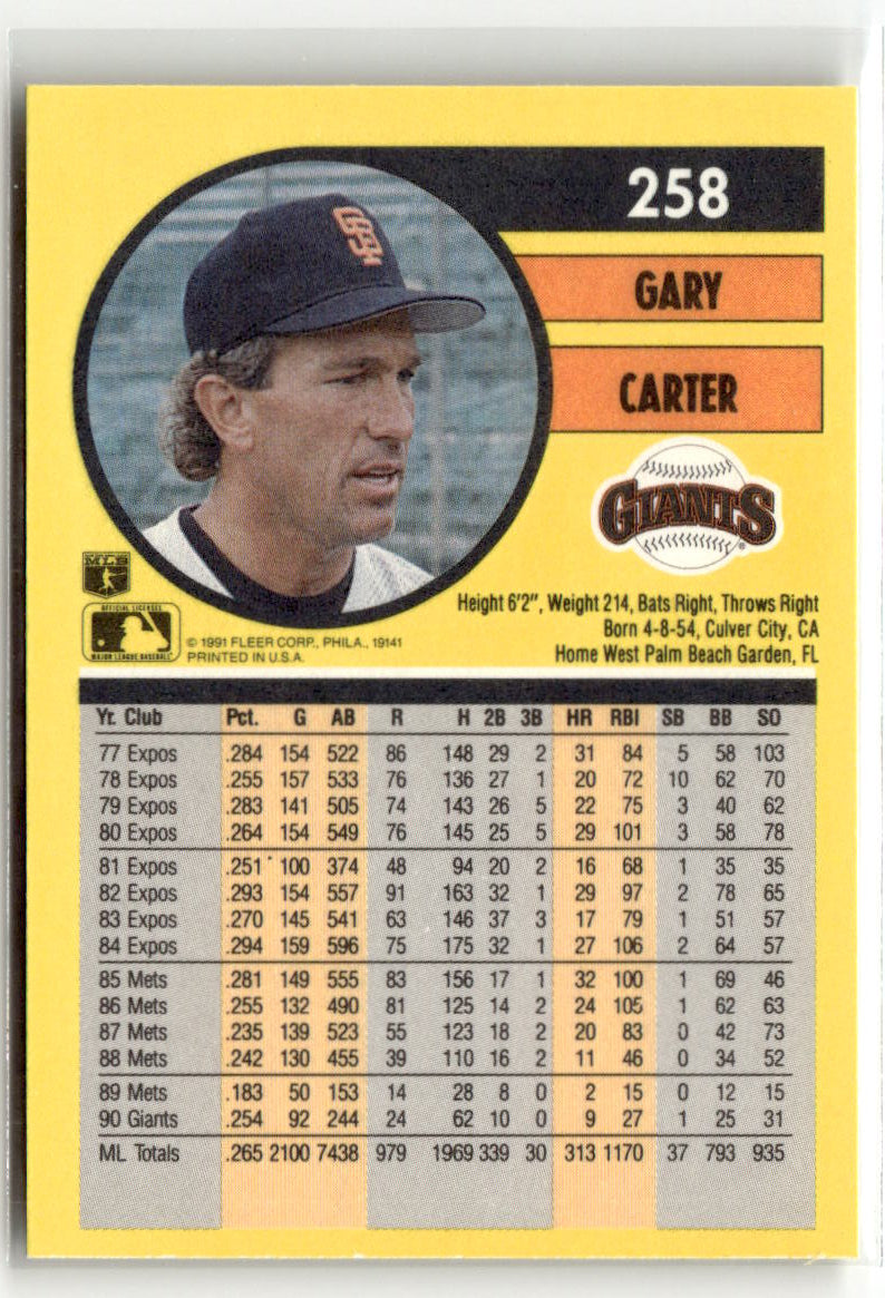 1991 Fleer Gary Carter #258 back