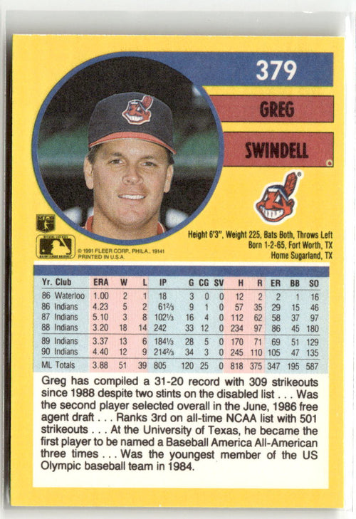 1991 Fleer Greg Swindell #379 back