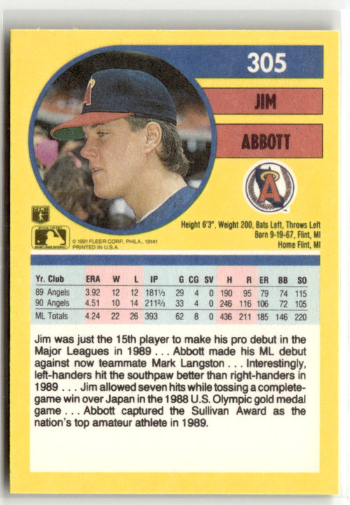 1991 Fleer Jim Abbott #305 (RC) back