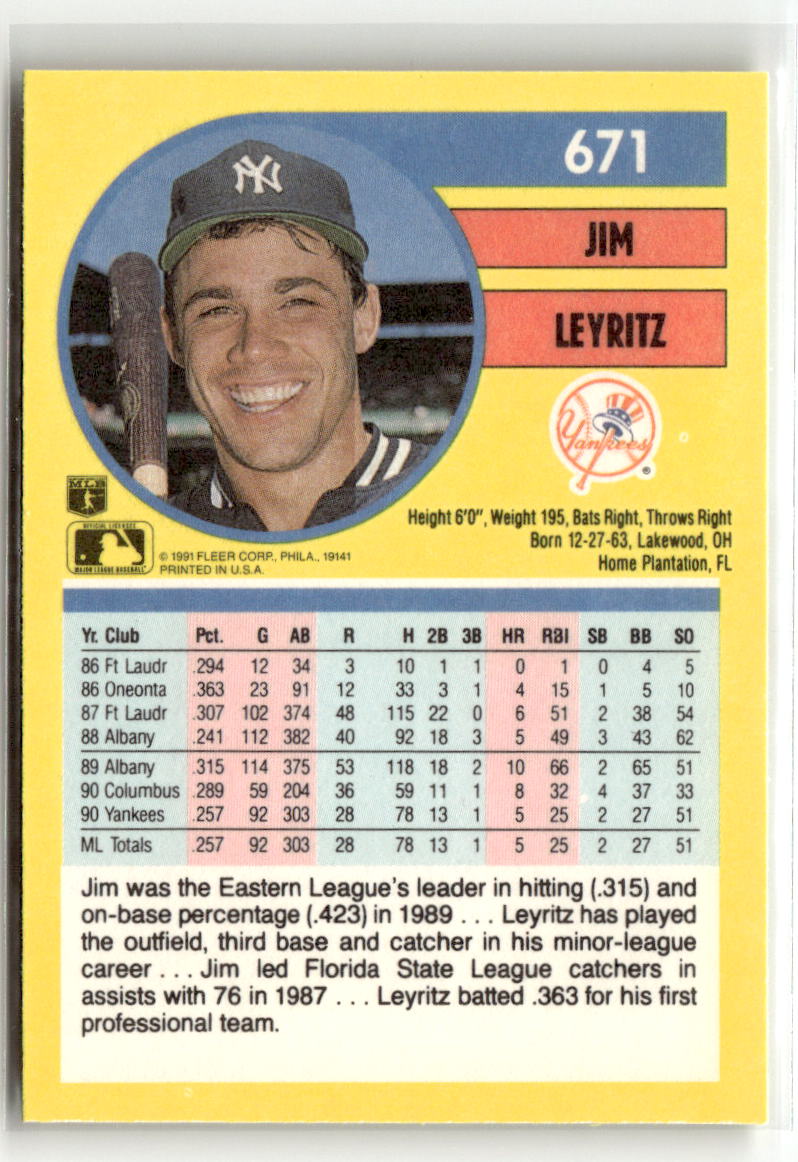 1991 Fleer Jim Leyritz #671 back
