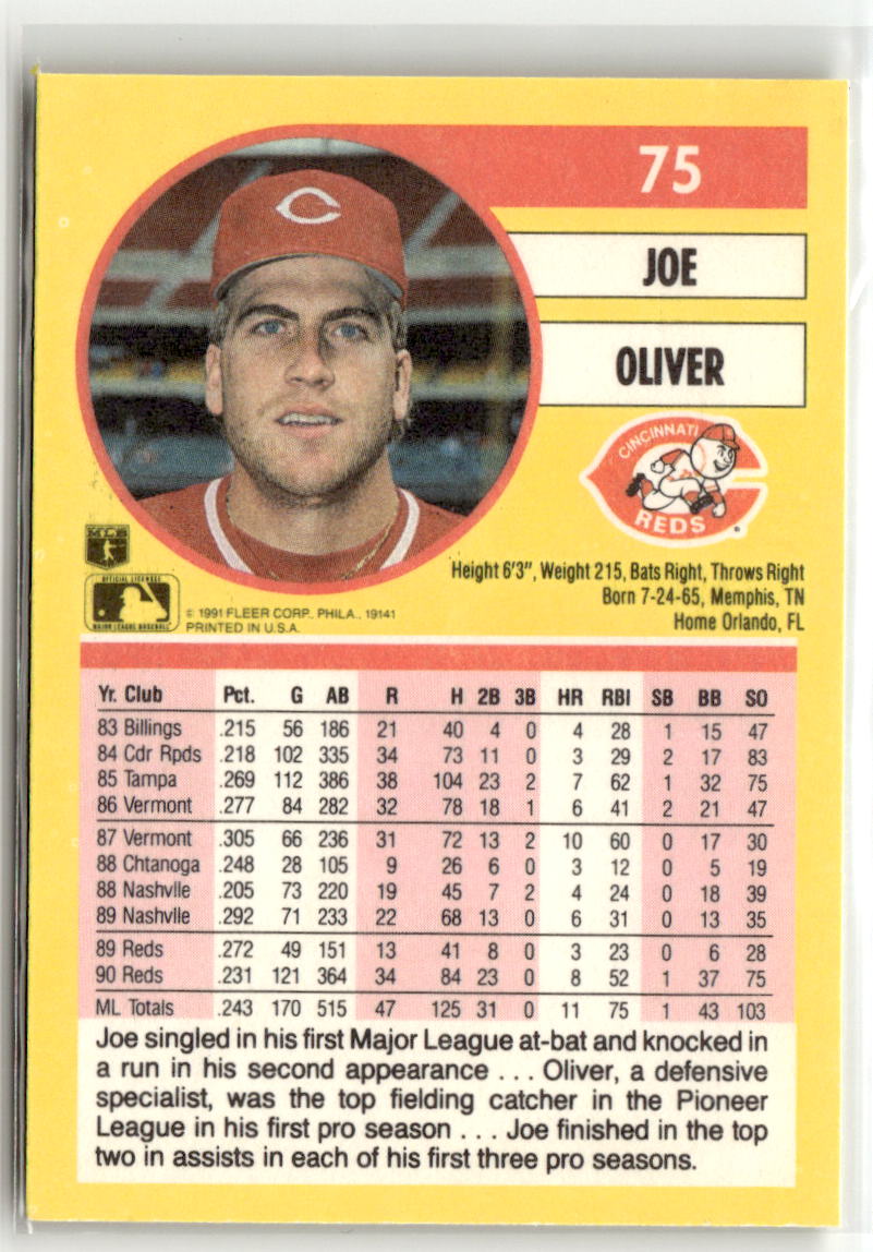 1991 Fleer Joe Oliver #75 back