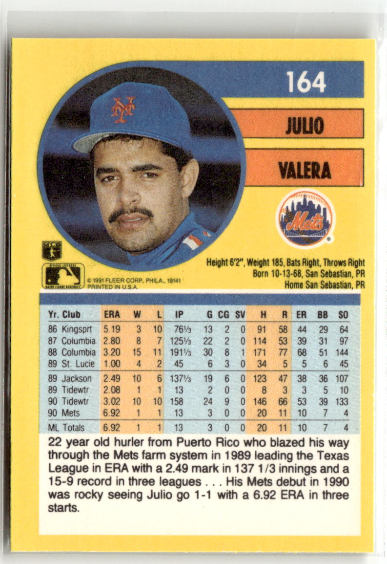 1991 Fleer Julio Valera #164 back