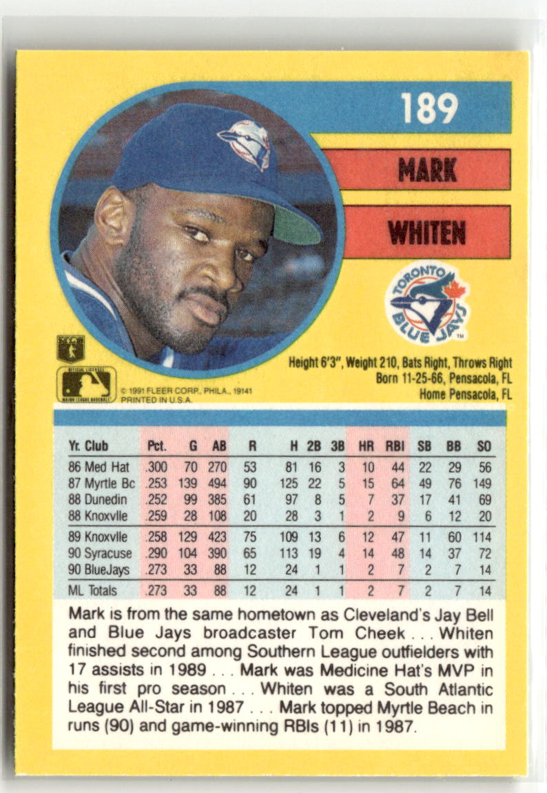 1991 Fleer Mark Whiten #189 back