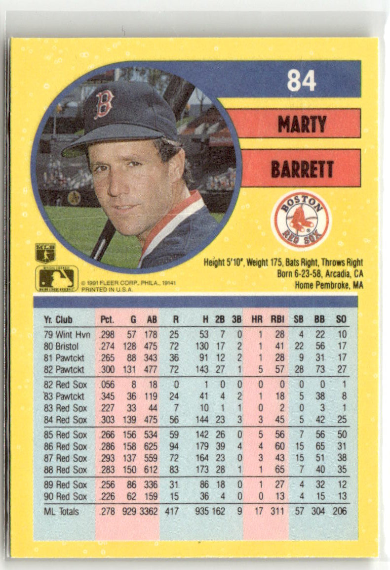 1991 Fleer Marty Barrett #84 back