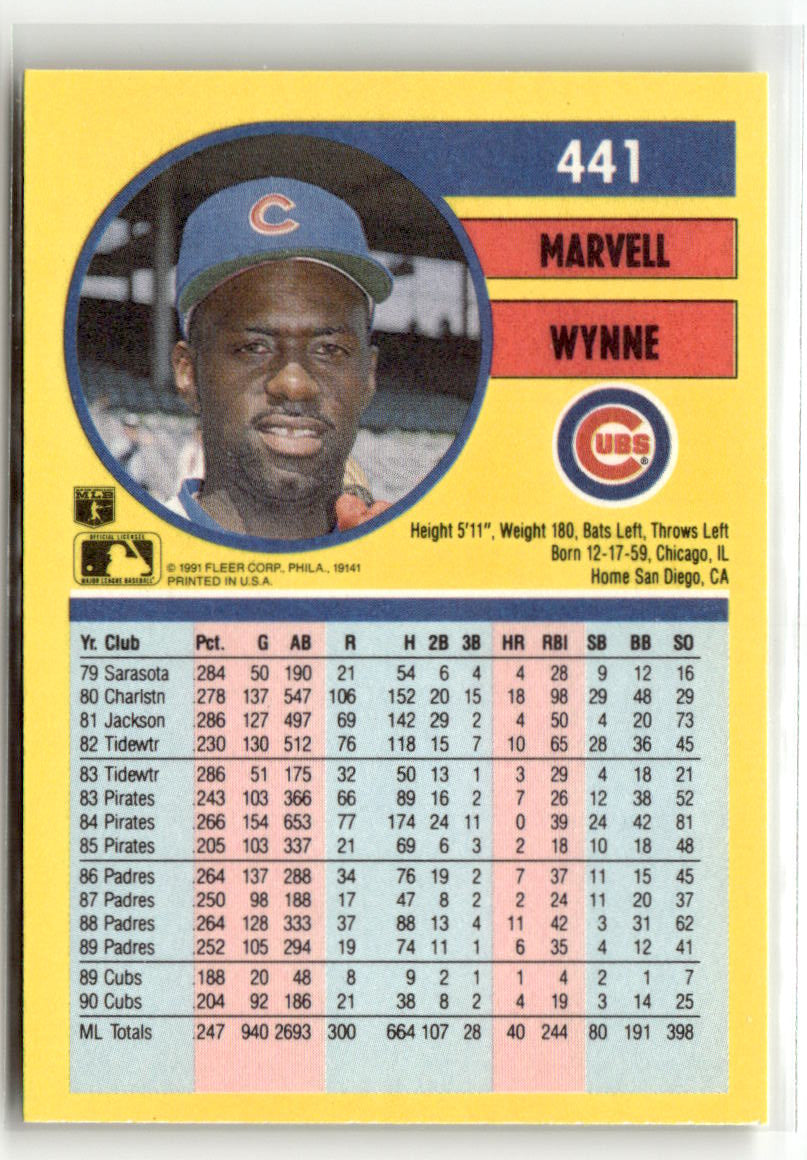 1991 Fleer Marvell Wynne #441 back