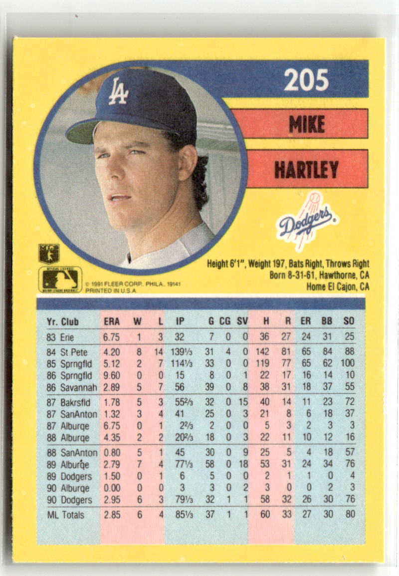 1991 Fleer Mike Hartley #205 back