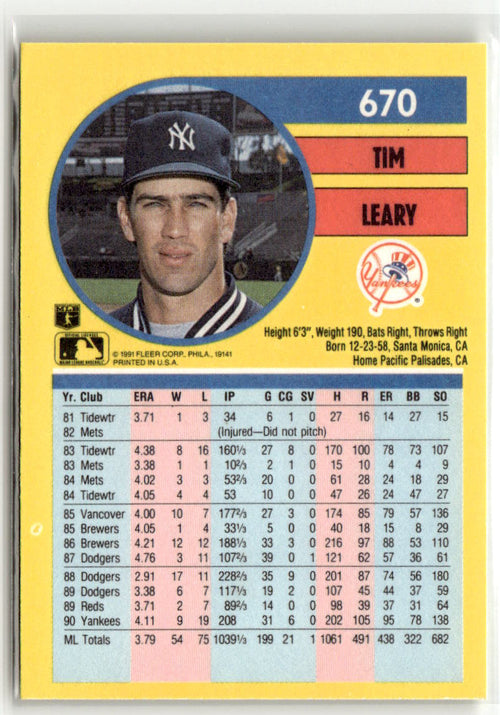 1991 Fleer Tim Leary #670 back