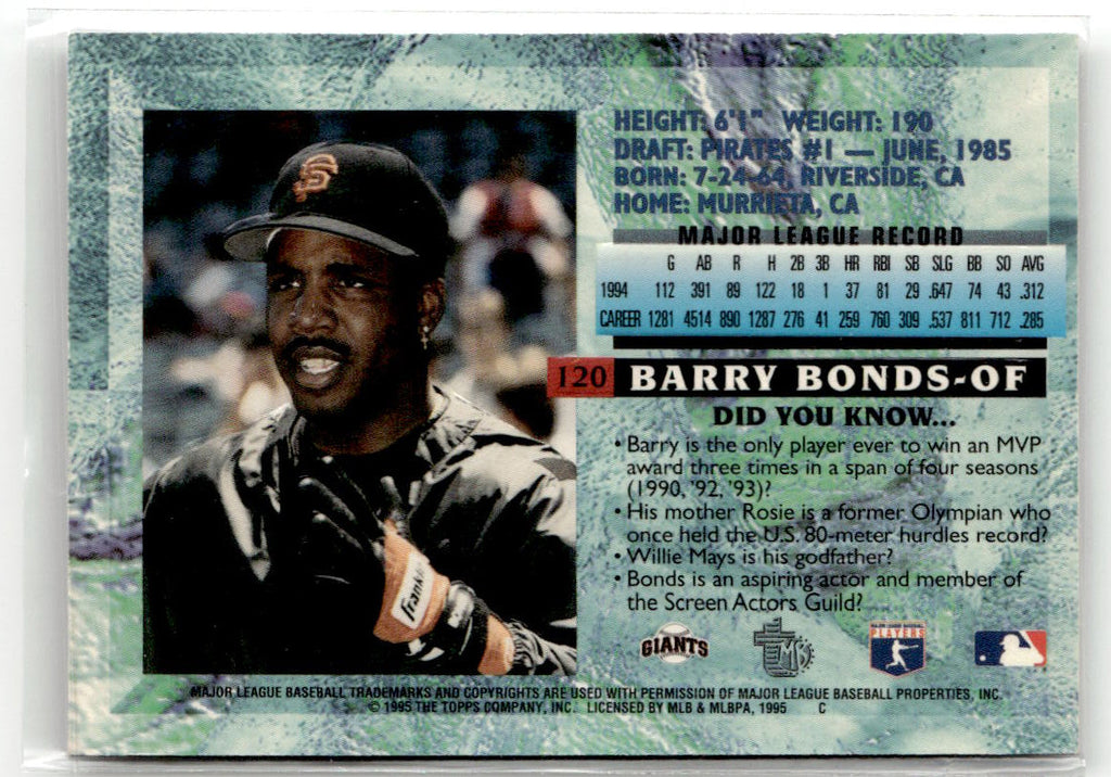 1995 Topps Embossed Barry Bonds #120 back