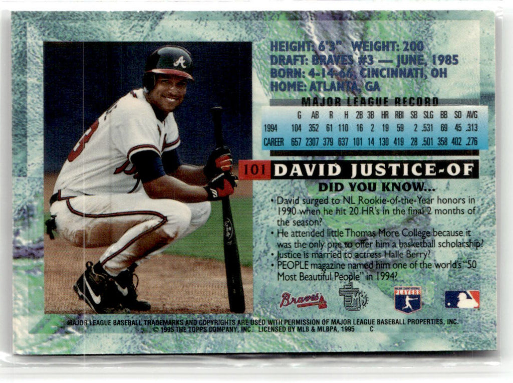 1995 Topps Embossed David Justice #101 (RC) back