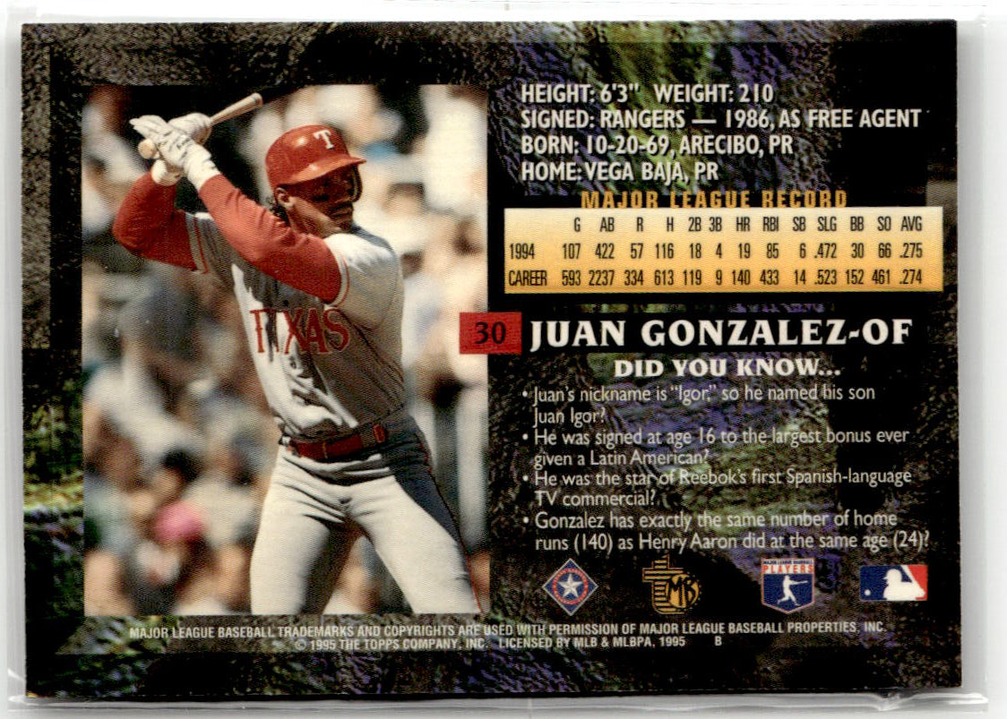 1995 Topps Embossed Juan Gonzalez #30 back