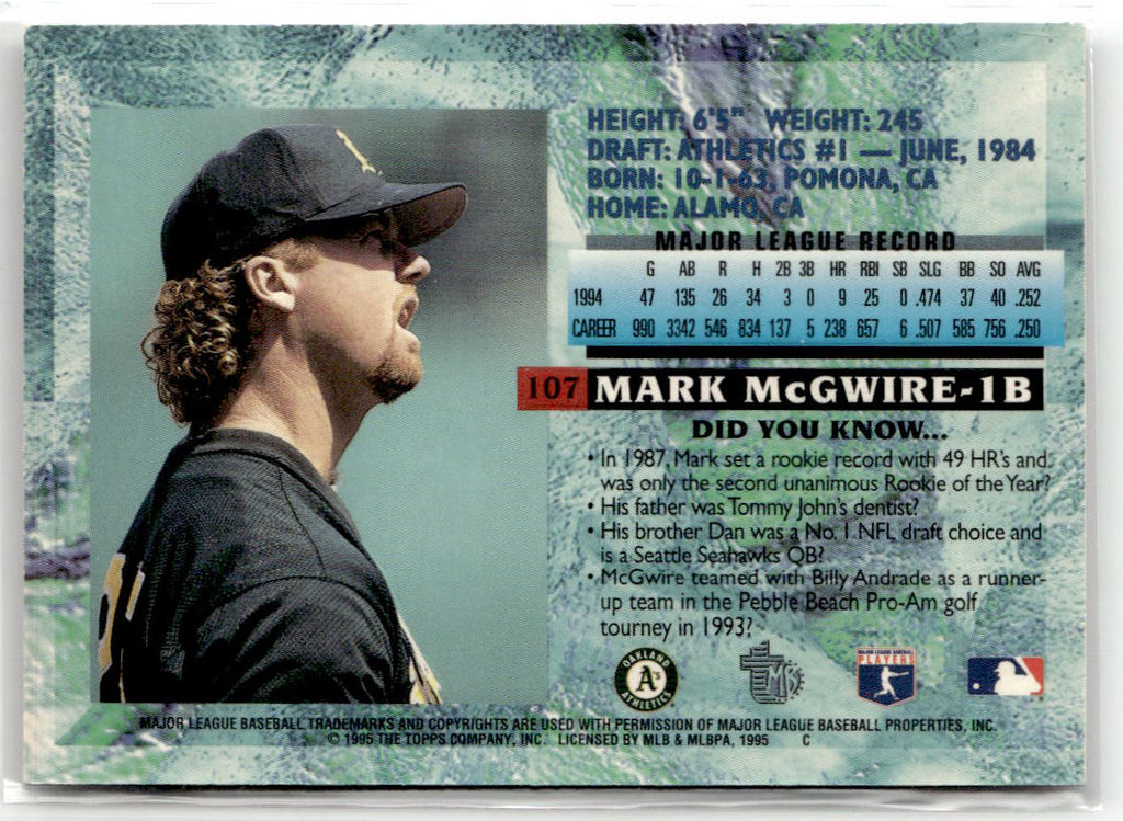 1995 Topps Embossed Mark McGwire #107 (RC) back
