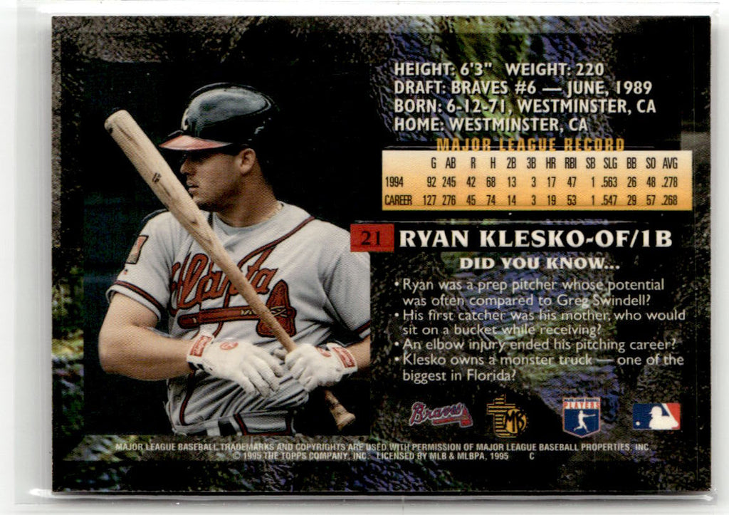 1995 Topps Embossed Ryan Klesko #21 (RC) back