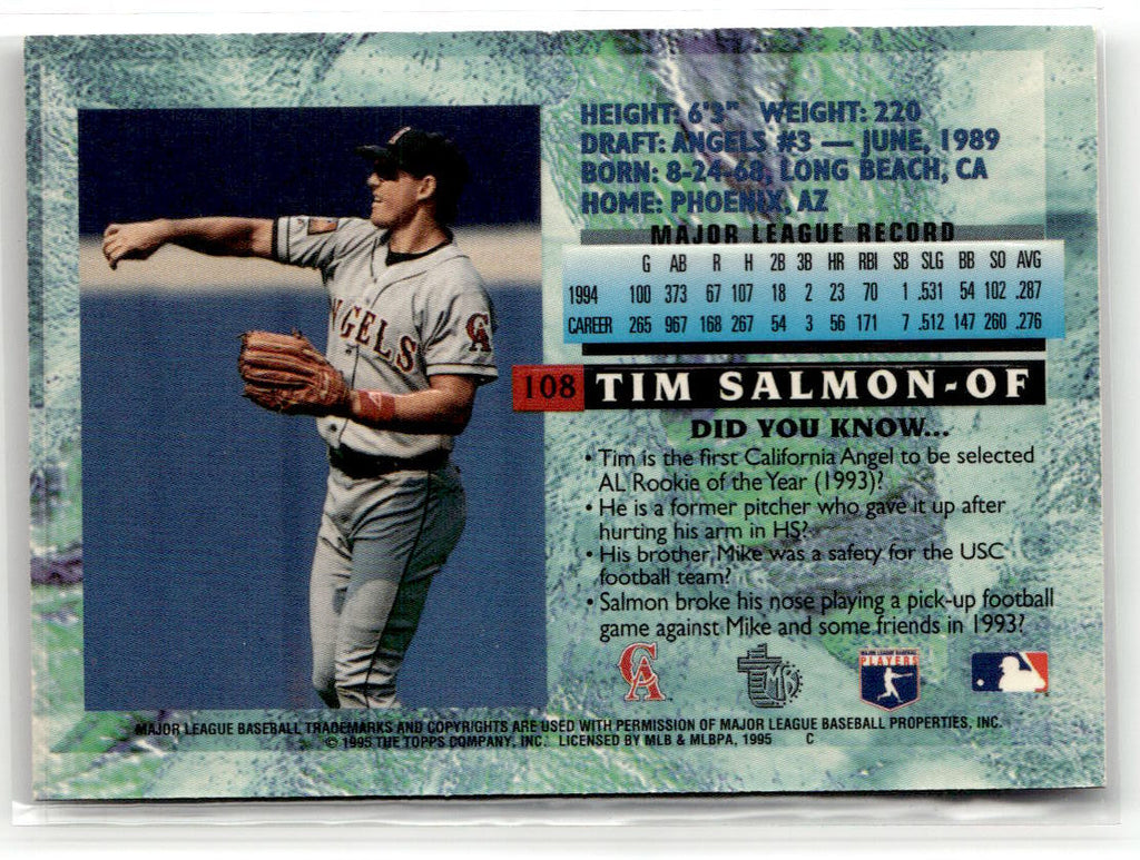 1995 Topps Embossed Tim Salmon [ROY SILVER FOIL] #108 back