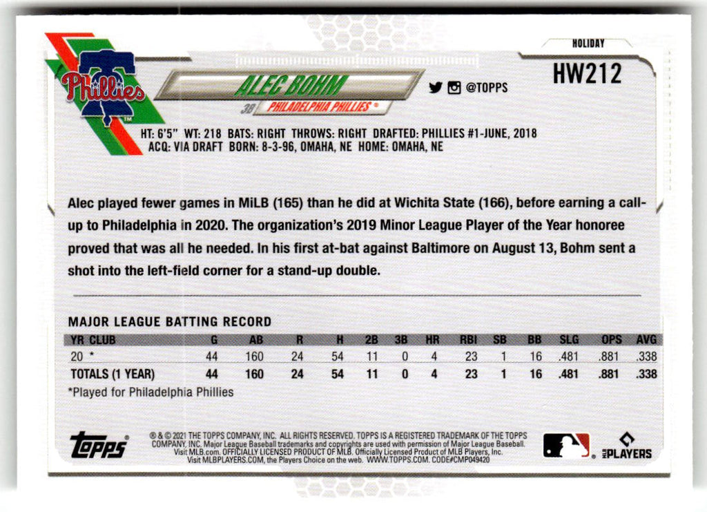 2021 Topps Holiday Mega Box Alec Bohm #HW212 (RC) back