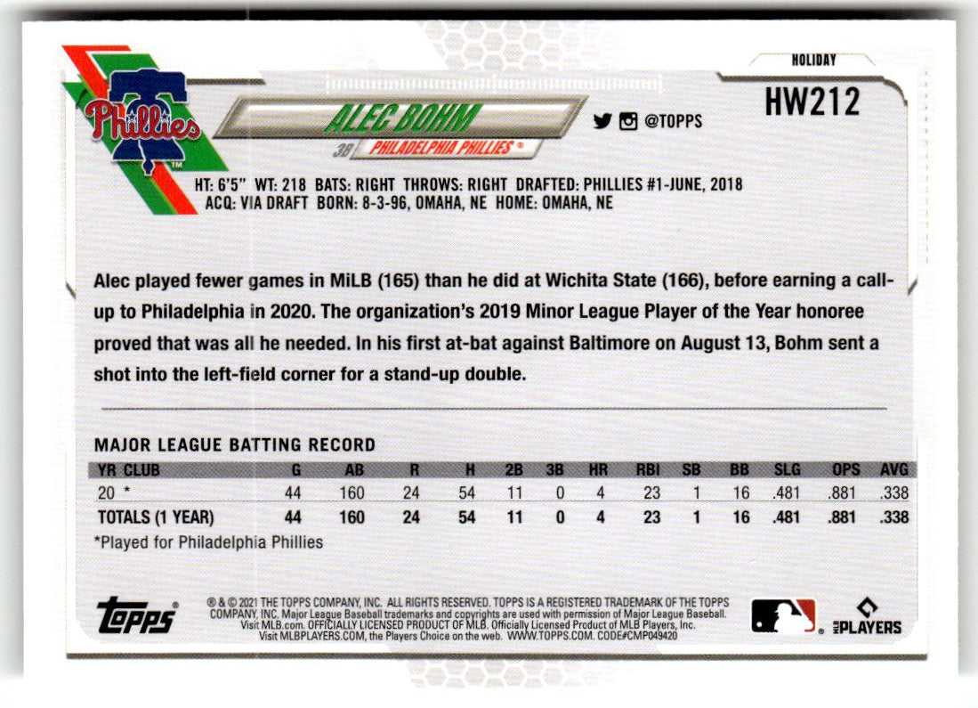 2021 Topps Holiday Mega Box Alec Bohm #HW212 (RC) back