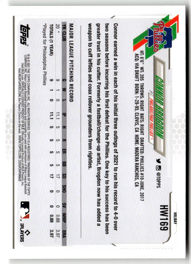 2021 Topps Holiday Mega Box Connor Bogdon #HW169 (RC) back