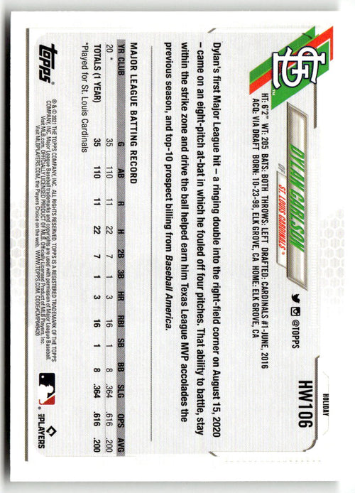 2021 Topps Holiday Mega Box Dylan Carlson #HW106 (RC) back