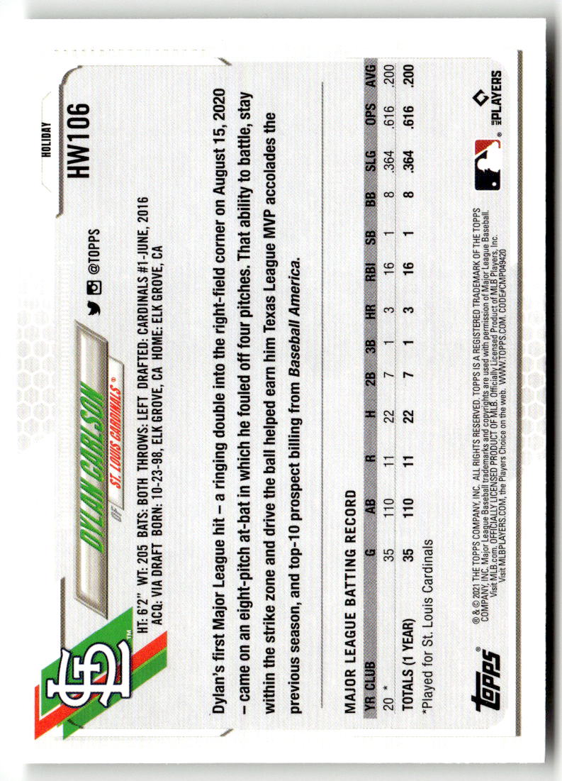 2021 Topps Holiday Mega Box Dylan Carlson #HW106 (RC) back