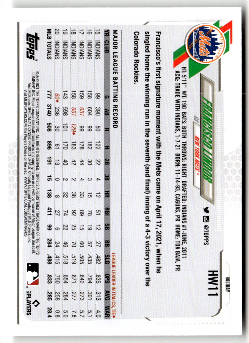 2021 Topps Holiday Mega Box Francisco Lindor #HW11 back