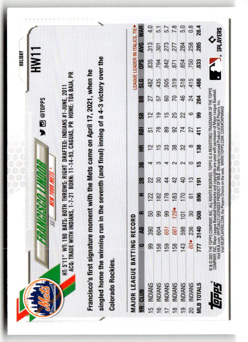 2021 Topps Holiday Mega Box Francisco Lindor #HW11 back