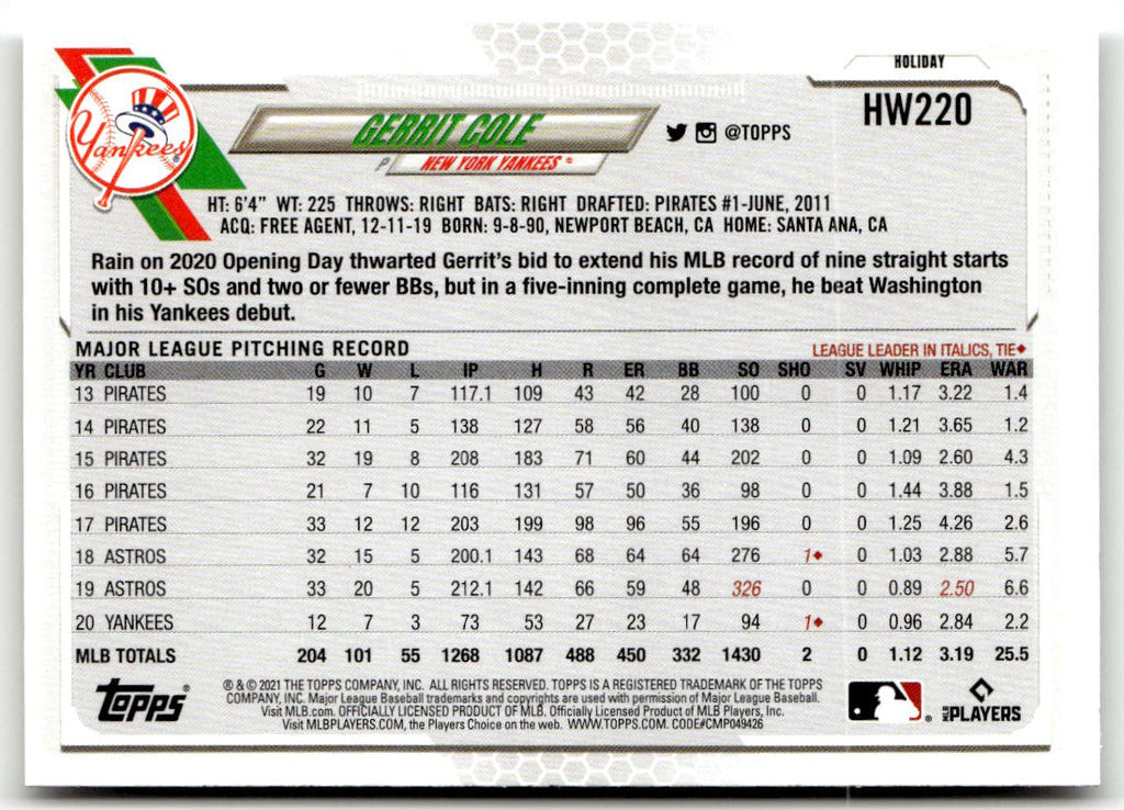 2021 Topps Holiday Mega Box Gerrit Cole #HW220 back