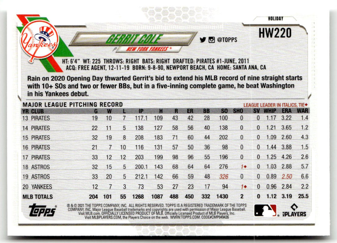 2021 Topps Holiday Mega Box Gerrit Cole #HW220 back