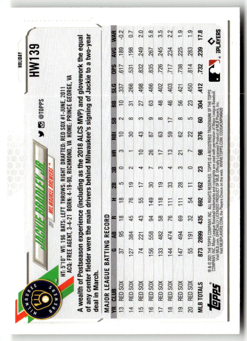2021 Topps Holiday Mega Box Jackie Bradley Jr #HW139 back