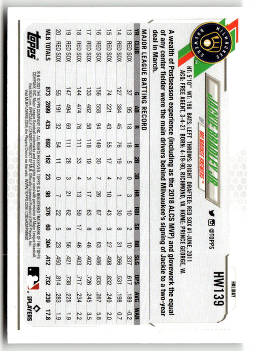 2021 Topps Holiday Mega Box Jackie Bradley Jr #HW139 back