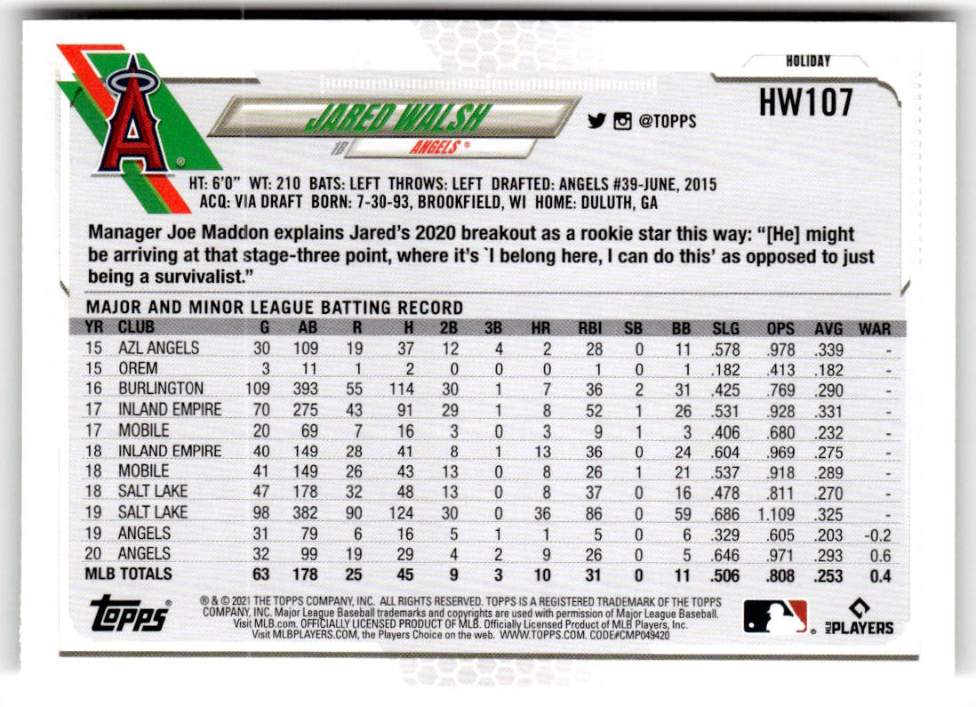 2021 Topps Holiday Mega Box Jared Walsh #HW107 (RC) back
