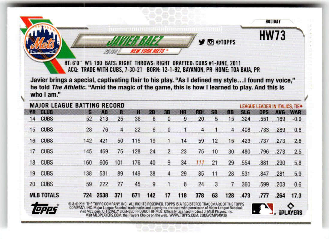 2021 Topps Holiday Mega Box Javier Baez #HW73 back
