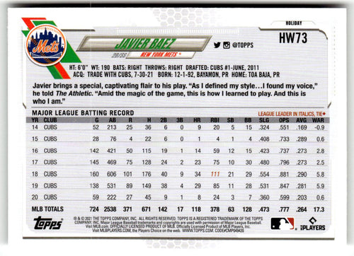 2021 Topps Holiday Mega Box Javier Baez #HW73 back