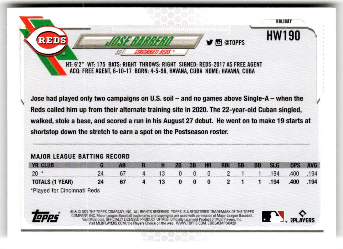 2021 Topps Holiday Mega Box Jose Barrero #HW190 (RC) back