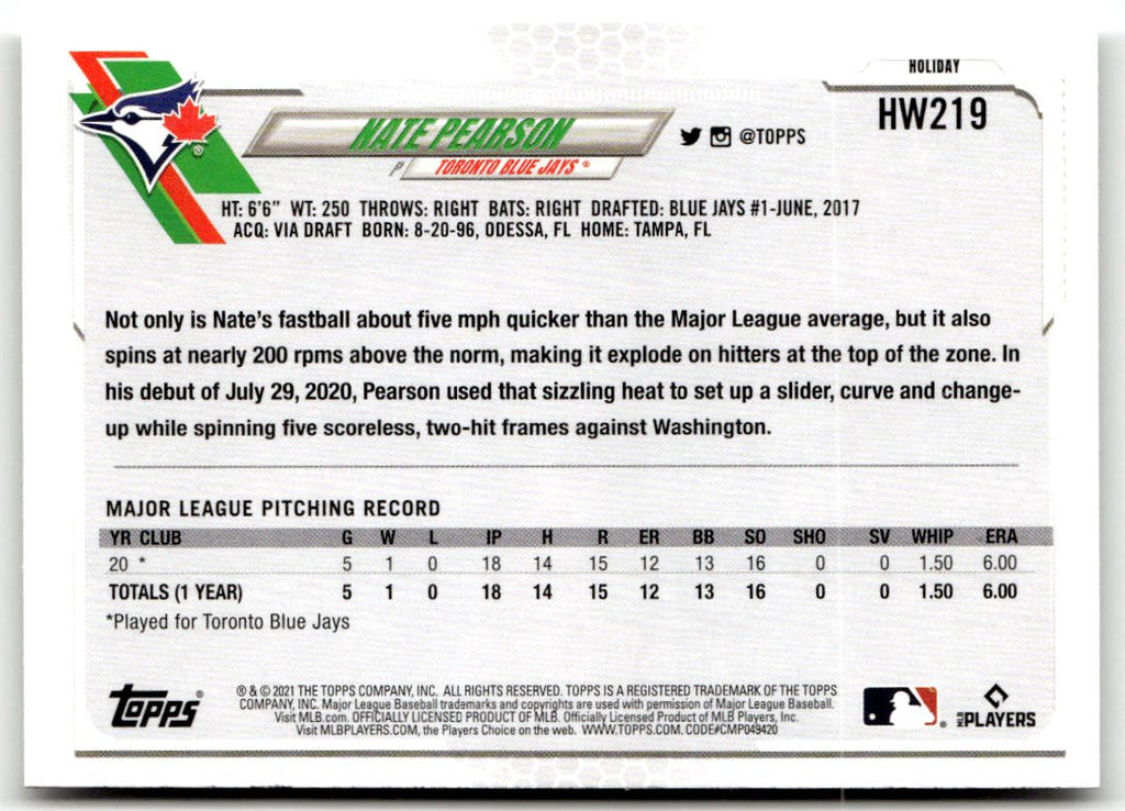 2021 Topps Holiday Mega Box Nate Pearson #HW219 (RC) back