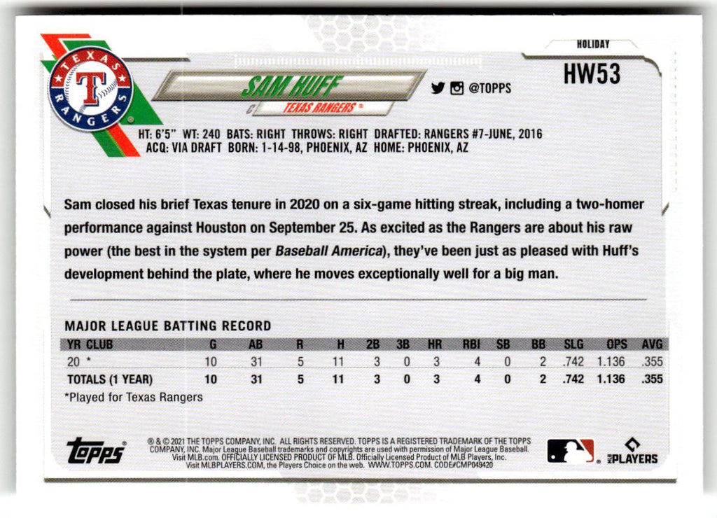 2021 Topps Holiday Mega Box Sam Huff #HW53 (RC) back