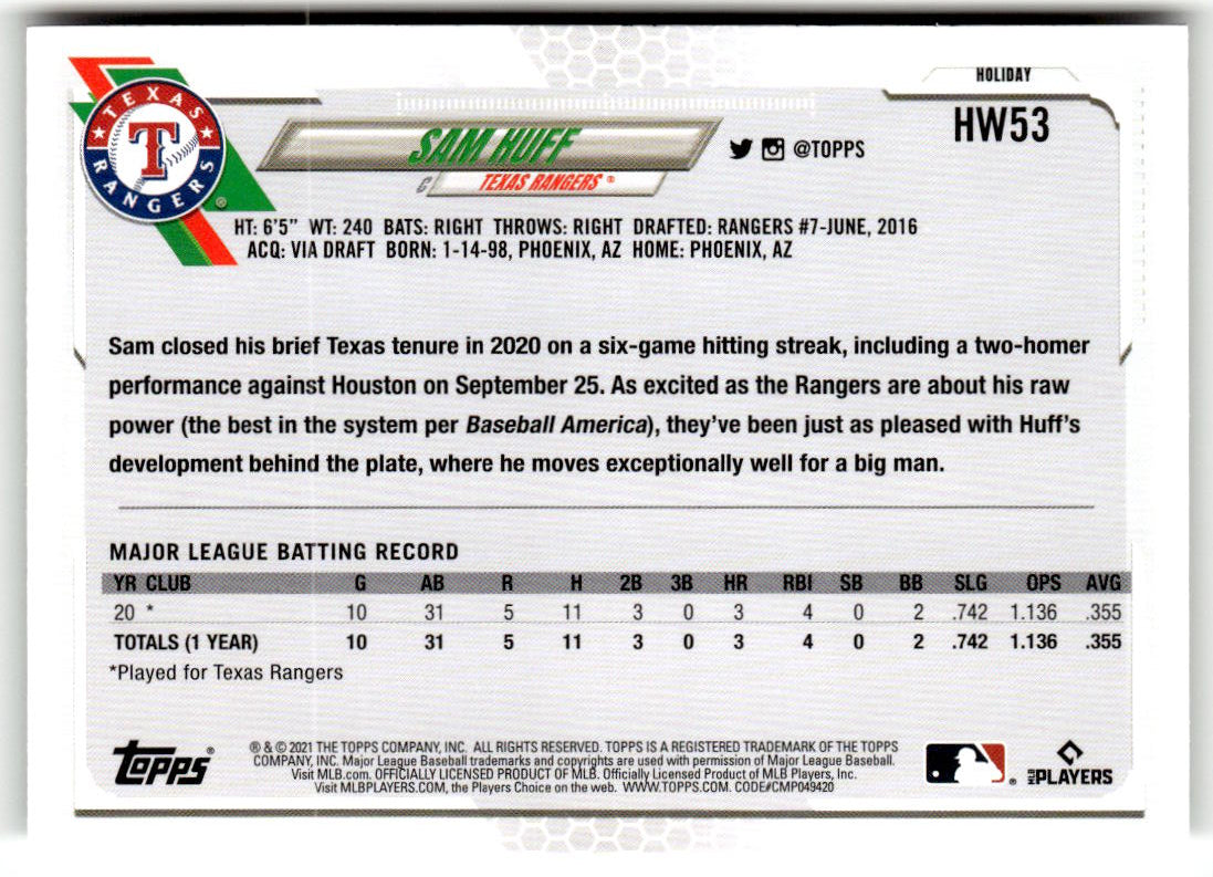 2021 Topps Holiday Mega Box Sam Huff #HW53 (RC) back