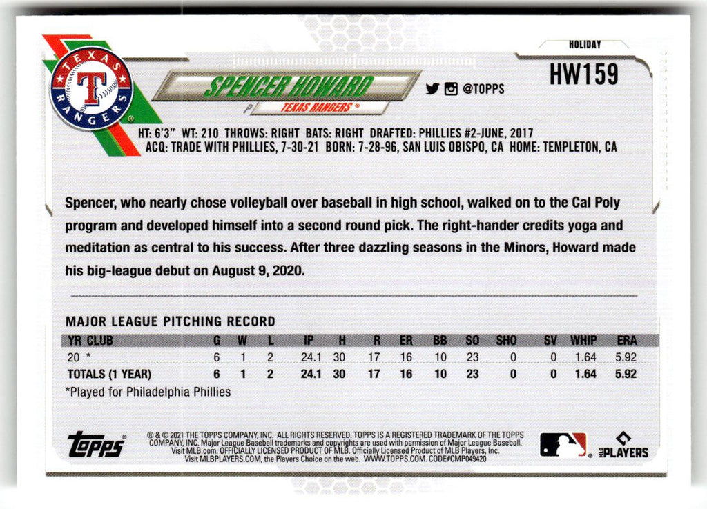 2021 Topps Holiday Mega Box Spencer Howard #HW159 (RC) back