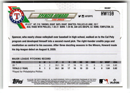 2021 Topps Holiday Mega Box Spencer Howard #HW159 (RC) back
